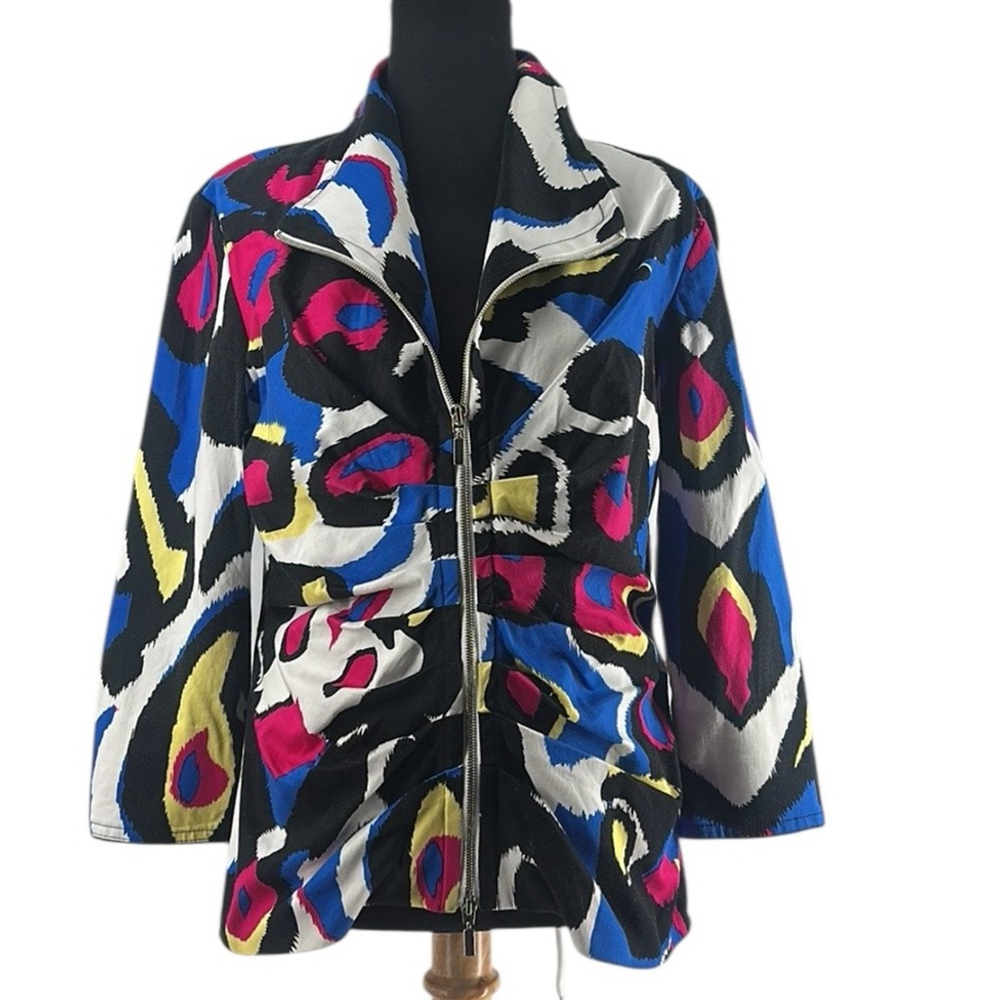 Joseph Ribkoff blazer rouched Artsy Abstract Ink blot zip 3/4 slv jacket sz 12